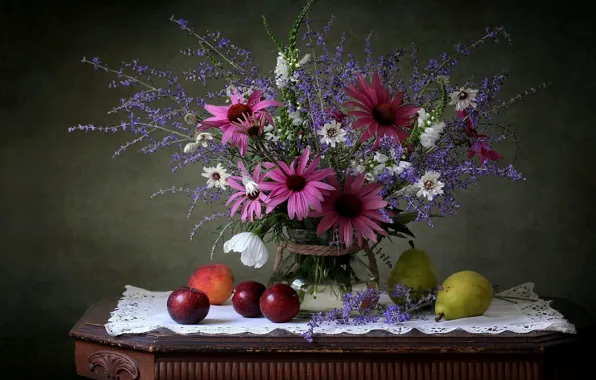 Flowers, table, apples, vase, pink, fruit, white, still life