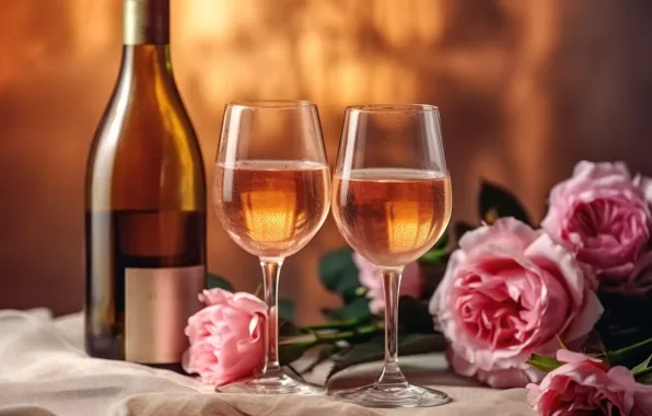 Leaves, flowers, table, holiday, wine, bottle, roses, bouquet