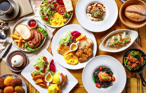 Coffee, fish, fruit, meals, cuts, omelette