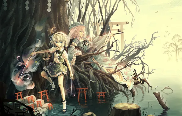 Picture lake, girls, tree, sword, fan, art, the gates, touhou