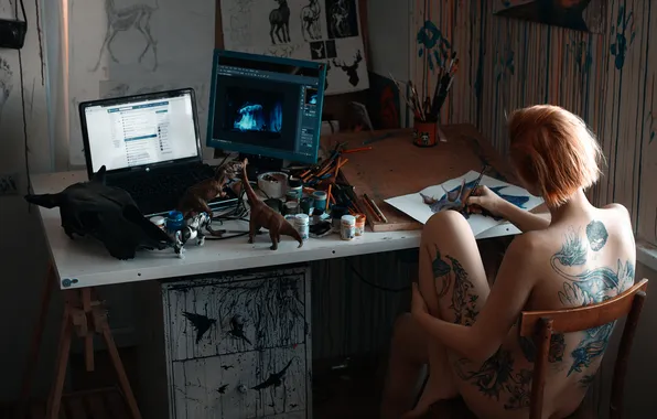 Girl, tattoo, drawings, monitor, Roman Filippov