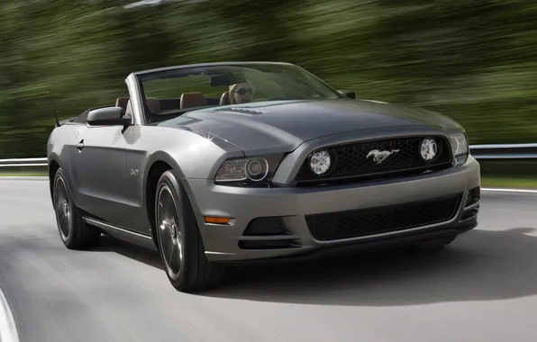 Picture road, trees, grey, speed, mustang, Mustang, turn, convertible