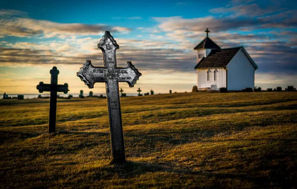 Field, the sky, clouds, cross, the evening, Church, grave