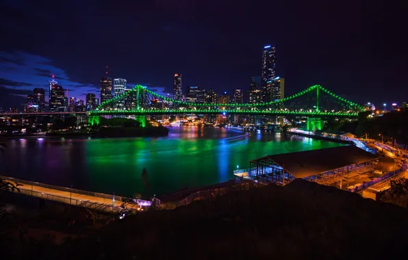 The sky, night, bridge, lights, river, home, Australia, lights