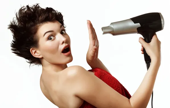 Look, girl, pose, surprise, towel, hands, makeup, brunette