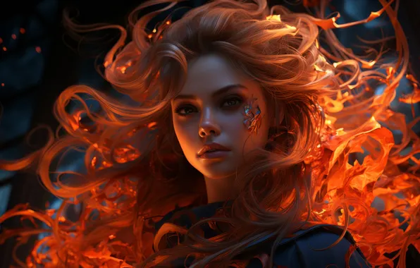 Picture Girl, Look, Fire, Hair, Digital art, AI art, The Art of Artificial Intelligence, Neural network