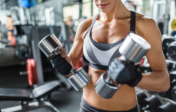 Picture female, fitness, gym, dumbells