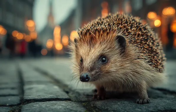 Look, the city, lights, tile, building, hedgehog, face, the sidewalk