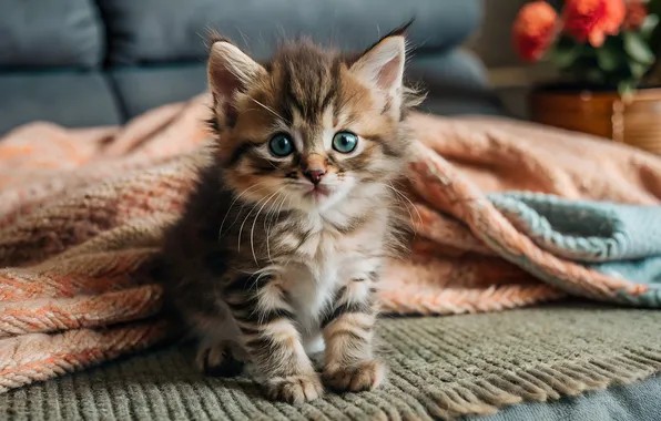 Cat, look, flowers, pose, kitty, grey, plaid, face