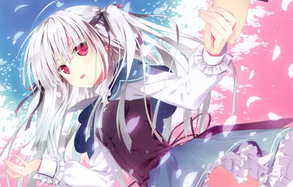 Julie Sigtuna, julie, silver hair, pink, ecchi, bed, absolute duo, red  eyes, HD wallpaper