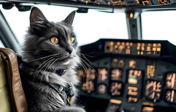 Cat, pilot, the plane, pilot, Boeing, the cockpit