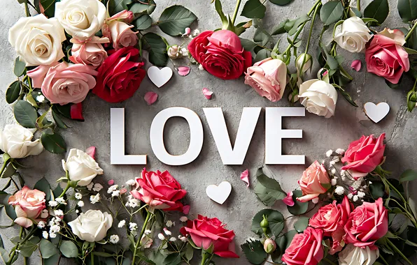 Love, flowers, romance, heart, roses, love, happy, Valentine's day