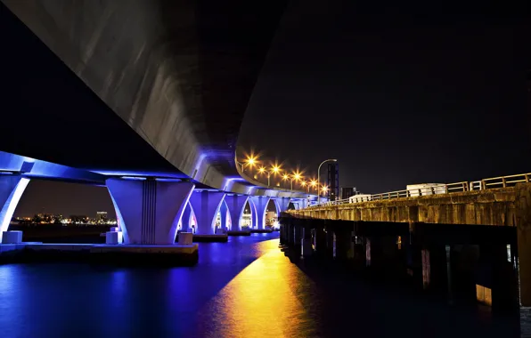 Night, bridge, the city, Miami