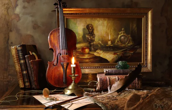 Picture style, pen, violin, watch, books, candle, picture, still life