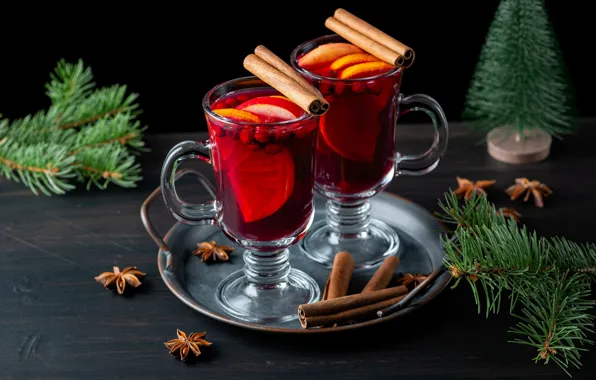 Branches, berries, table, Board, oranges, glasses, Christmas, New year