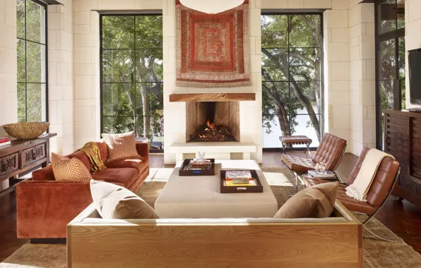 Design, style, interior, fireplace, living room, Texas, Picturesque house by Lake Austin, Scenic home in …