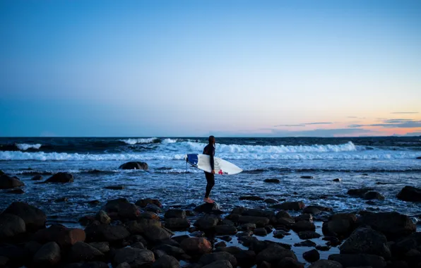 Picture waves, twilight, sea, sunset, rocks, evening, dusk, surfer
