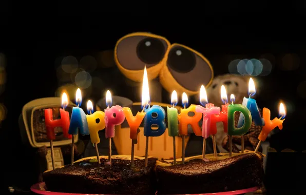 Birthday, robot, wall-e, pie, valley, congratulations, happy birthday