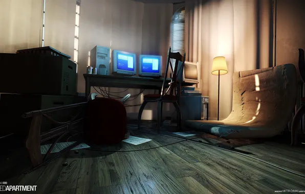 Computer, the room, laminate, lampshade, Wrecked Apartment