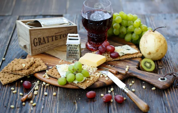 Wine, red, glass, food, cheese, kiwi, cookies, grapes