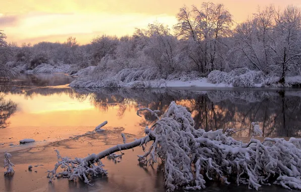 Winter, sunset, river