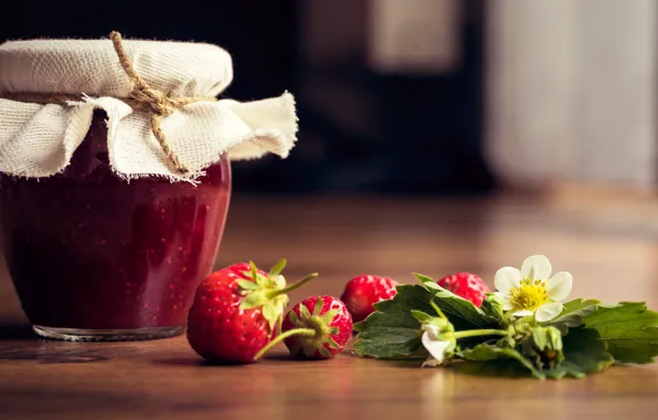 Picture leaves, flowers, berries, food, strawberry, Bank, jam