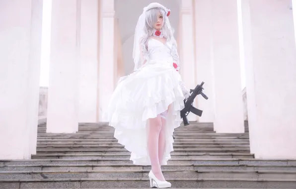 Gun, Beautiful, Asian, Model, Woman, Pretty, White Hair, Cosplay