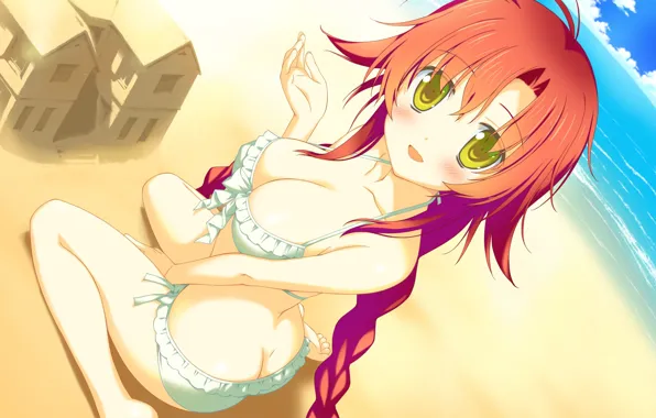 Vacation, yellow eyes, on the beach, red hair, visual novel, in bikini, sand castle, sideways