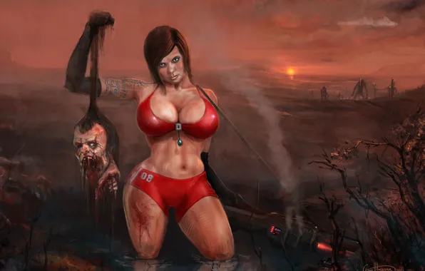 Sunset, weapons, blood, Girl, bomb, head, zombies, tattoo
