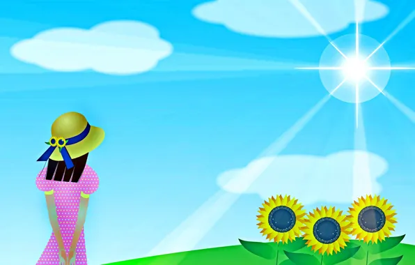 Summer, girl, the sun, sunflowers