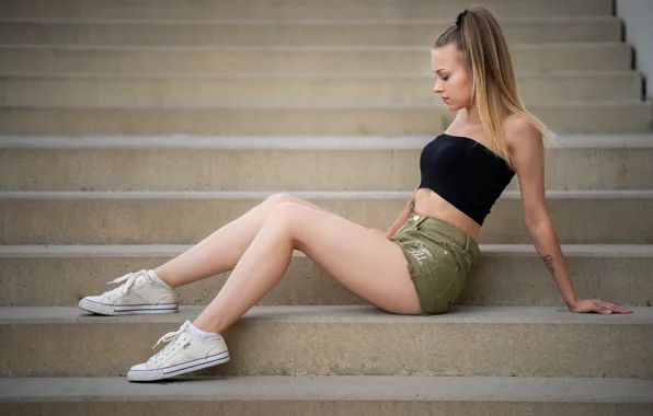 Picture girl, sexy, pose, body, shorts, sneakers, figure, ladder