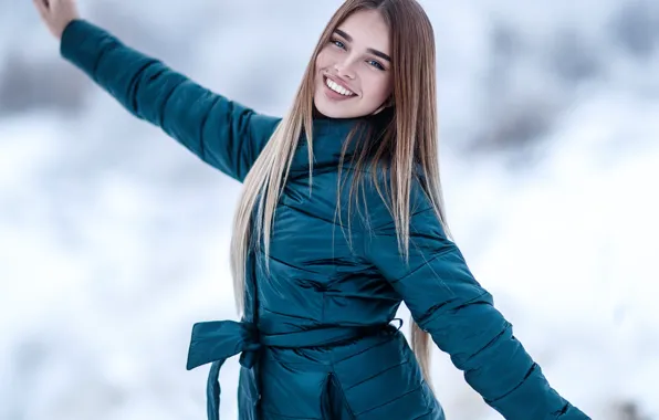 Winter, look, snow, pose, smile, hair, Girl, Sergey Sorokin