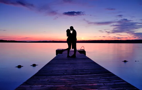 Love, sunset, lake, the evening, pier, pair, pierce, two