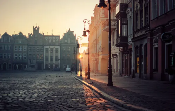 Street, home, morning, pavers, Poland, Poznan