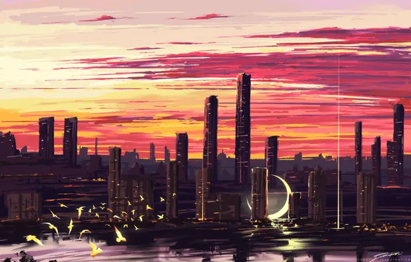 Water, birds, the city, fantasy, Crescent