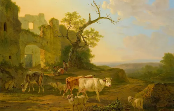 Picture trees, landscape, animal, oil, picture, ruins, Jan Bedijs Tom