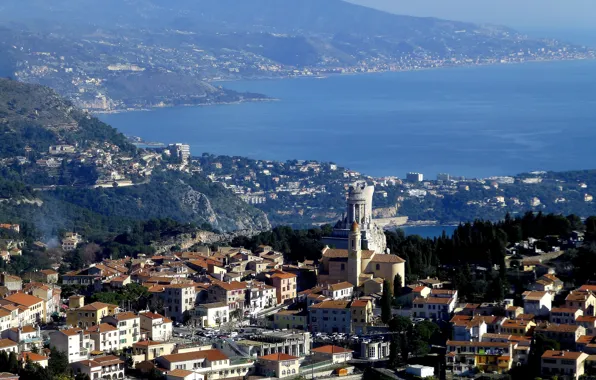 Sea, landscape, France, tower, home, mount, La Turbie