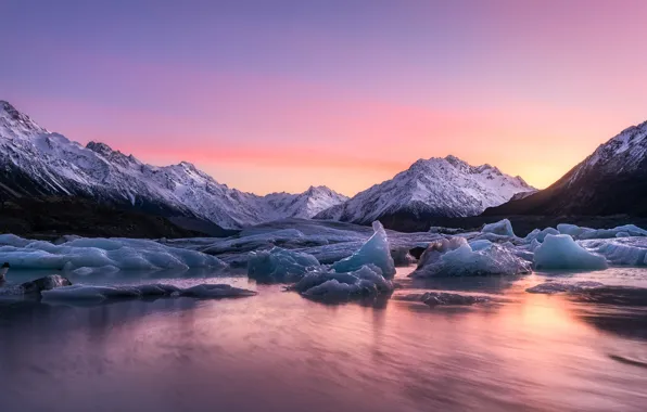 Sunset, lake, ice, New Zealand, Lake Tasman