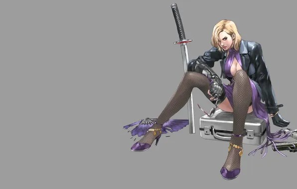 Guns, katana, Tekken, girl with guns, Tekken, game art, sexy blonde girl, Nina Williams (Tekken)