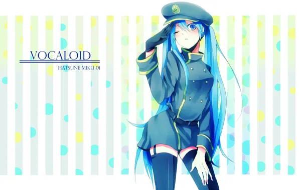 Vocaloid, Hatsune Miku, cap, wink, military uniform, black stockings, visor, striped background