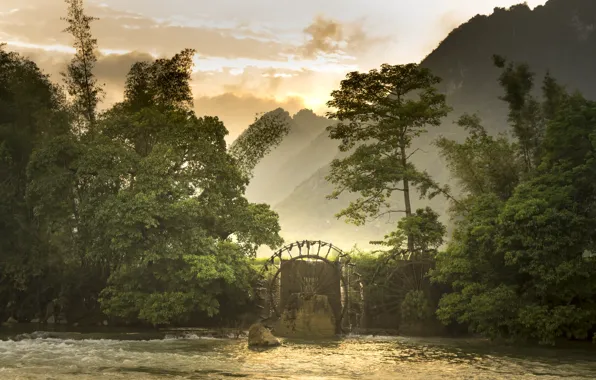 The sky, clouds, trees, sunset, mountains, nature, river, watermills