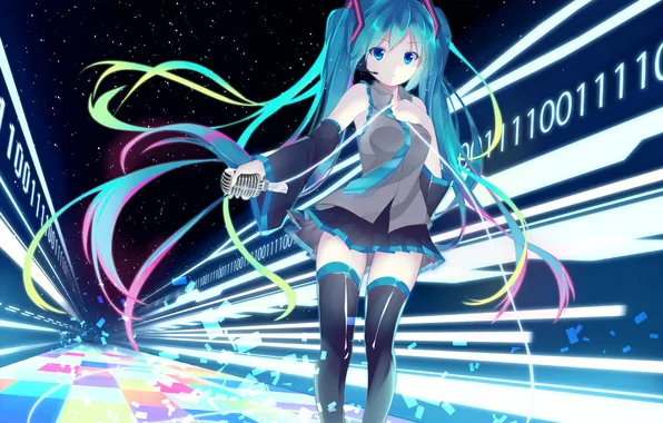 Picture look, girl, space, surprise, figures, microphone, vocaloid, hatsune miku