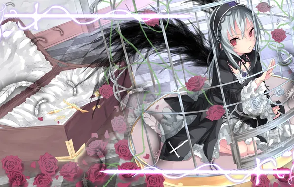 Picture girl, flowers, weapons, roses, wings, sword, cell, anime