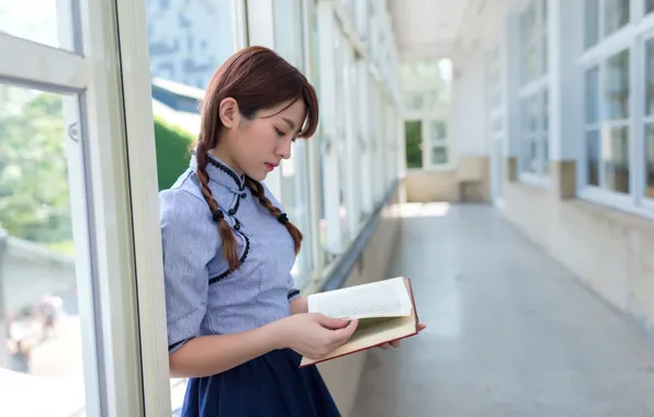 Girl, face, book, Asian, reads