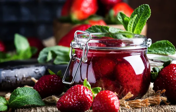 Greens, glass, leaves, close-up, berries, table, Board, strawberry