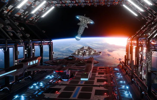 Space, light, flight, lights, fiction, planet, Earth, ISS