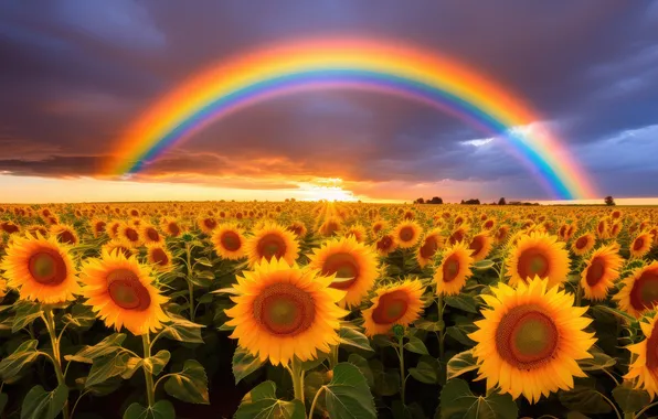 Field, the sky, the sun, sunflowers, sunset, flowers, clouds, rainbow