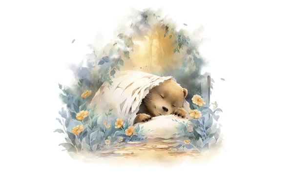 Flowers, comfort, foliage, sleep, legs, bear, watercolor, sleeping