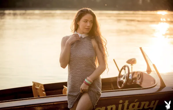 Picture the sun, nature, sexy, river, model, boat, portrait, playboy