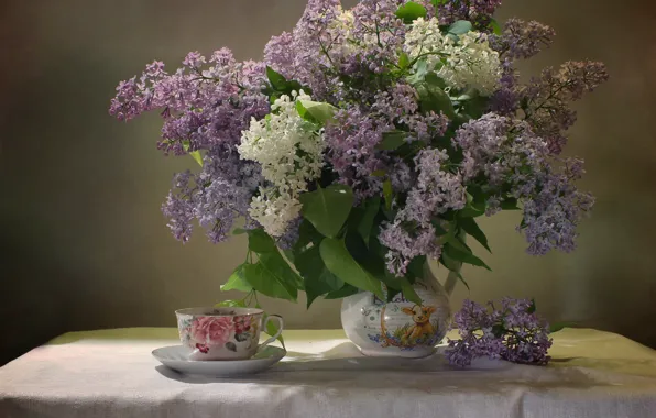 Picture branches, table, Cup, pitcher, lilac, tablecloth, Kovaleva Svetlana
